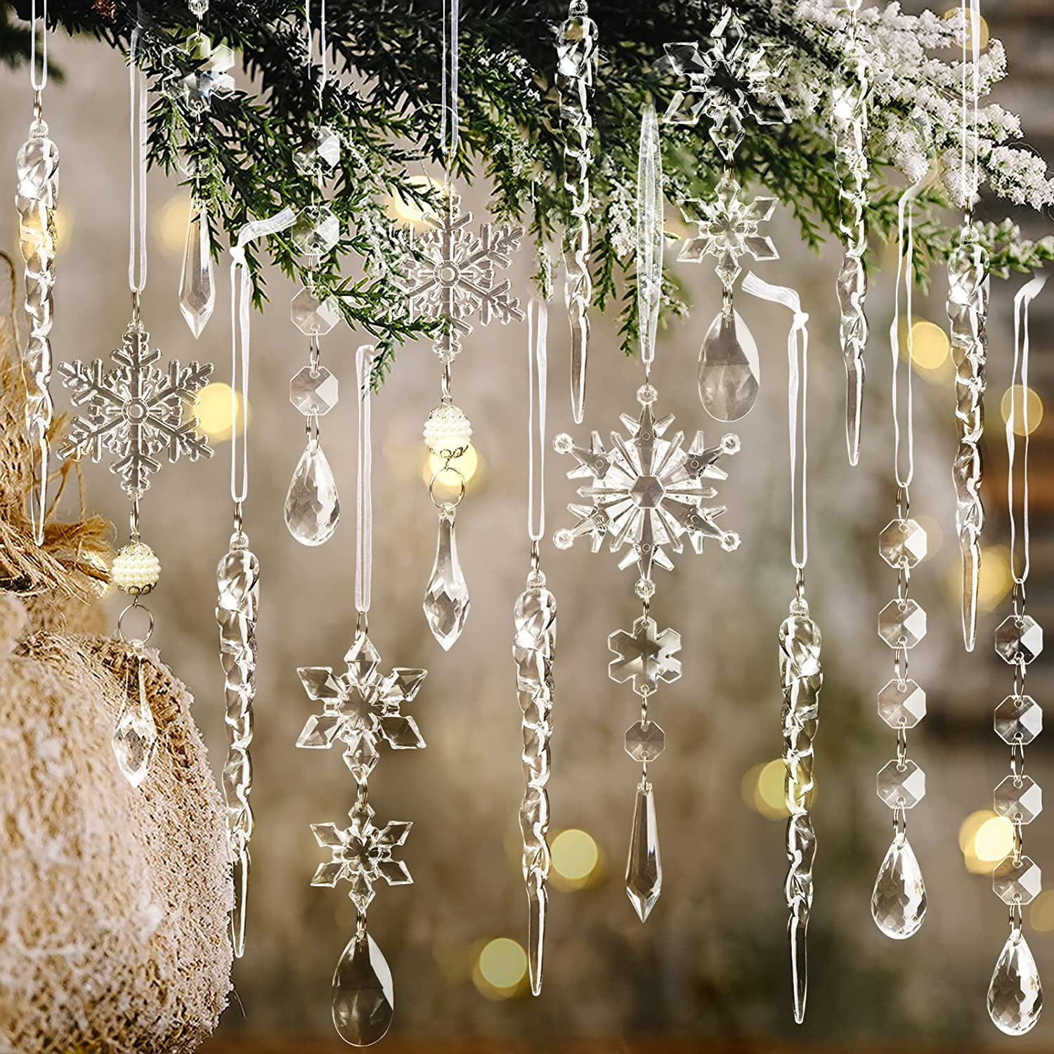 20 pcs Christmas Tree Decoration Ornaments - Hanging Acrylic Christmas Snowflake Icicle Drop Ornaments for Christmas Tree Winter New Year Party Supplies