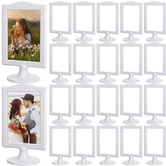 20 pcs Double Sided Standing Picture Frames 4 x 6 Pedestal Photo Frame Plastic Self Standing Frame Each Frame Holds 2 Pictures Tabletop Vertical Display Frame for Wedding Table Bridal (White 20 Pcs)