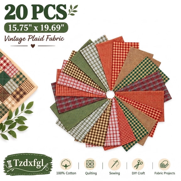 Precut Cotton Fabric Squares 15.7x19.6" 20Pcs, Vintage Plaid Gingham Plaid Quilting Fat Quarters for Sewing DIY