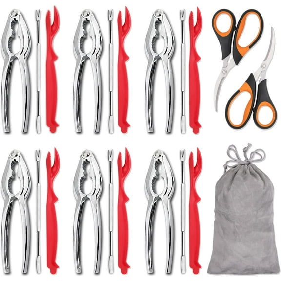 20-piece Seafood Tools Set includes 6 Crab Crackers, 6 Lobster Shellers, 6 Crab Leg Forks/Picks and 2 Seafood Scissors & Storage Bag - Nut Cracker Set