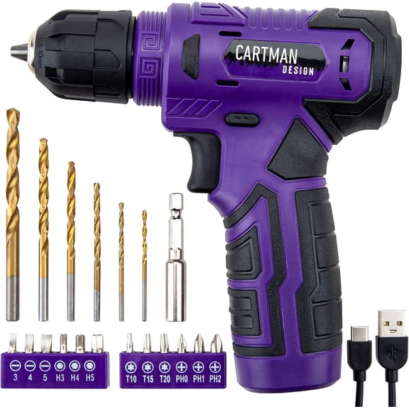 20-piece Tool Set with 8V Purple Cordless Drill Set, Home Tool Kit