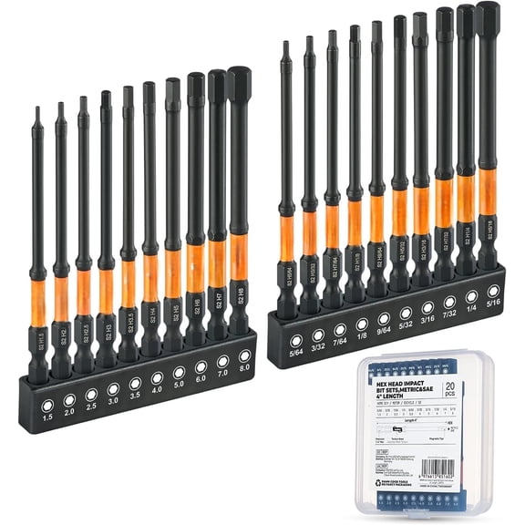 20-piece impact socket drill bit set (metric and imperial), 1/4-inch hex shank S2 steel hex drill bits, CNC-machined magnetic drill point, extended 4-inch length design, with storage case