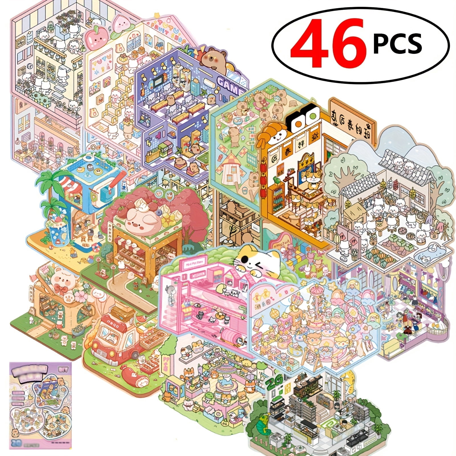 Sticker Decompression Set 20 scene cardstock + 26 stickers miniature scene compilation book set ...