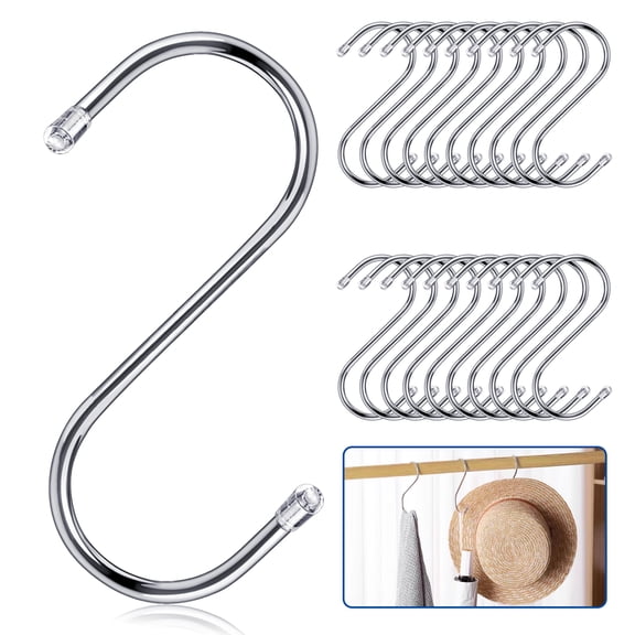 20 scratch-resistant stainless steel S-shaped hooks, 3.6 inches (about 9 centimeters), with a load capacity of 30 pounds, suitable for kitchens, wardrobes, bathrooms and offices.