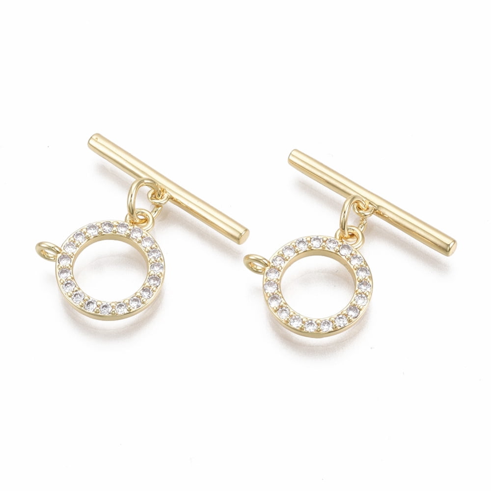 20 set Brass Micro Pave Clear Cubic Zirconia Toggle Clasps with Jump Rings Nickel Free Ring Real 18K golden Plated Total Length: 19mm Bar: 19x4x2mm Hole: 1.5mm Ring: 14.5x14.5x3mm Hole: 1.5mm