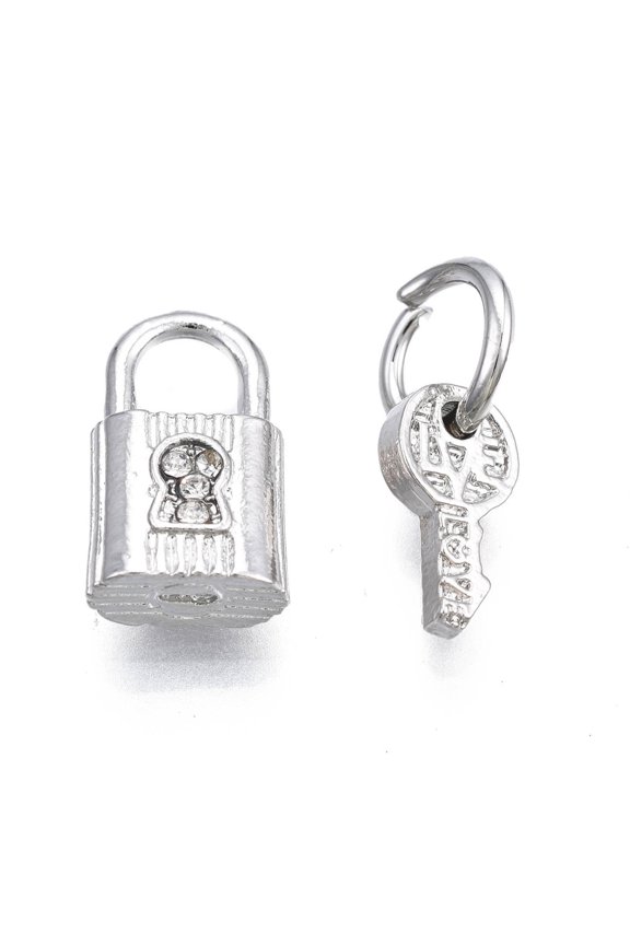 20 set Rack Plating Alloy Charms set with Rhinestone and Jump Ring Large Hole Pendants Cadmium Free Nickel Free Lead Free Pad Lock and Key Platinum 14.5x8.5x5mm 11.5x6x2mm Hole: 6mm