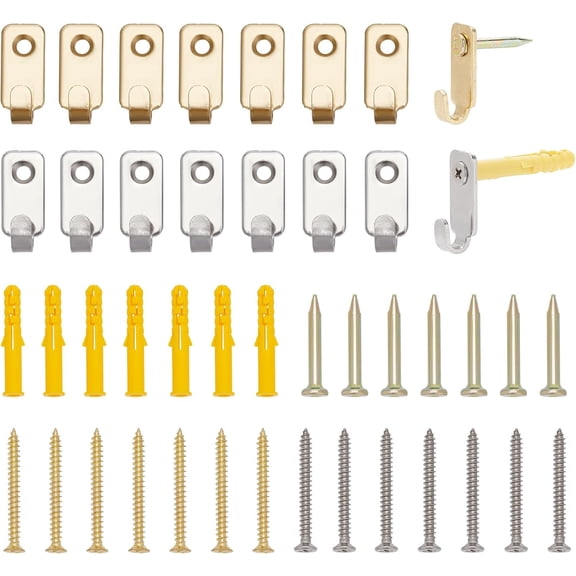 20 sets 2 colors 304 Stainless Steel Hook Hangers Photo Frame Hanger with Screws & Plastic Anchor Plug Golden & Stainless Steel color 27~40x7~13x2~7.5mm Hole: 4mm 4pcs/set 10 set/color