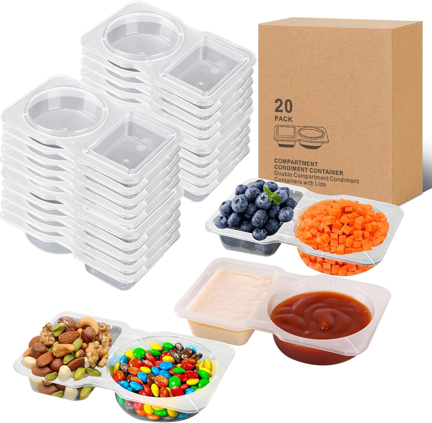 20 sets Reusable Snack Containers 2 Compartment Condiment Container ...