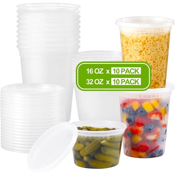20 sets of plastic cooked food containers with lid 16 oz, 32 oz various packaging, sealed food storage containers, dishwasher/microwave safe, soup containers for takeaway food preparation storage