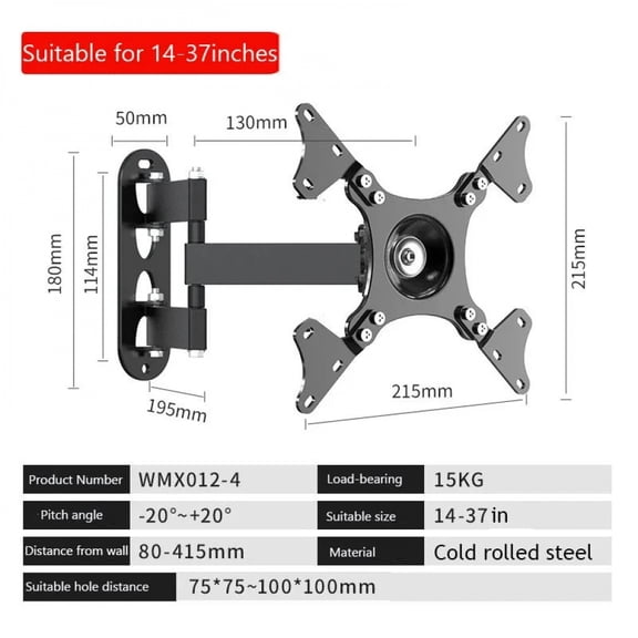 20 ° tiltable TV Wall Mount Bracket 360 ° Rotated Holder Universal TV Mount for 14 to 37 Inch Computer LCD LED Monitor Tablet PC