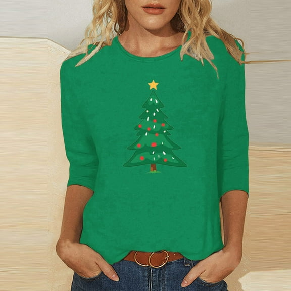 $20 & under Aueoeo Christmas Sweatshirt Women Christmas Tree Printed T-Shirt Casual Long Sleeve Round Neck Pullover Tops Green S