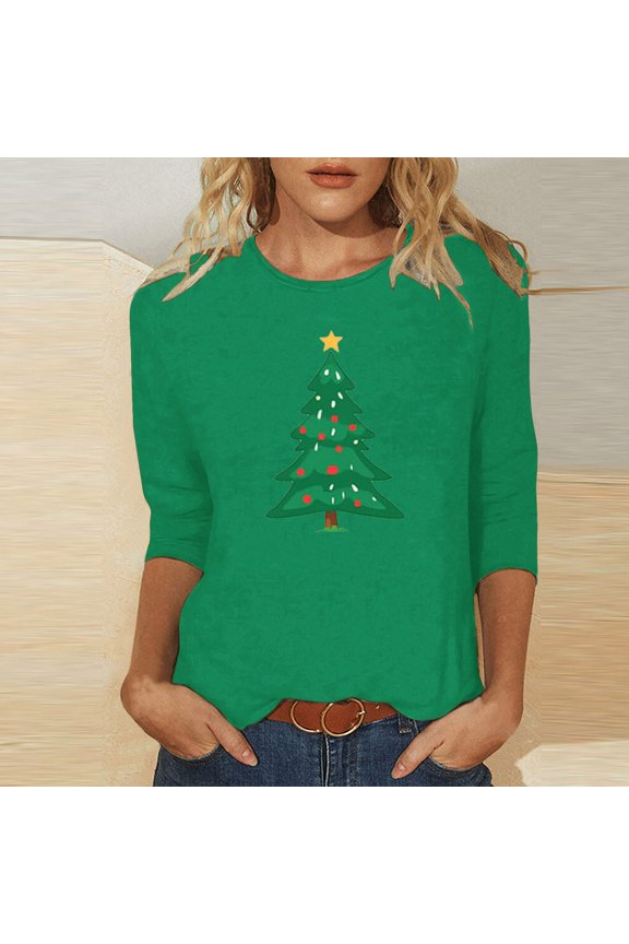 $20 & under Aueoeo Christmas Sweatshirt Women Christmas Tree Printed T-Shirt Casual Long Sleeve Round Neck Pullover Tops Green S