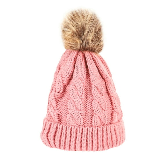 $20 & under Aueoeo Thick Cable Knit Beanie Faux Fuzzy Furs Pom Hat Winter Warm Skull Cap beanie For Women Pink