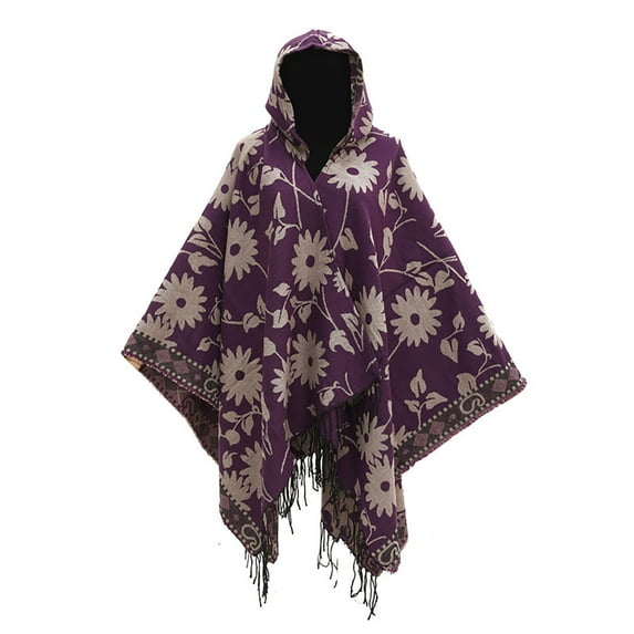 $20 & under Xysaqa Womens's Hooded Cape with Fringed Hem Vintage Floral Shawls Wraps Warm Knit Poncho Sweater for Women Winter Fall Purple