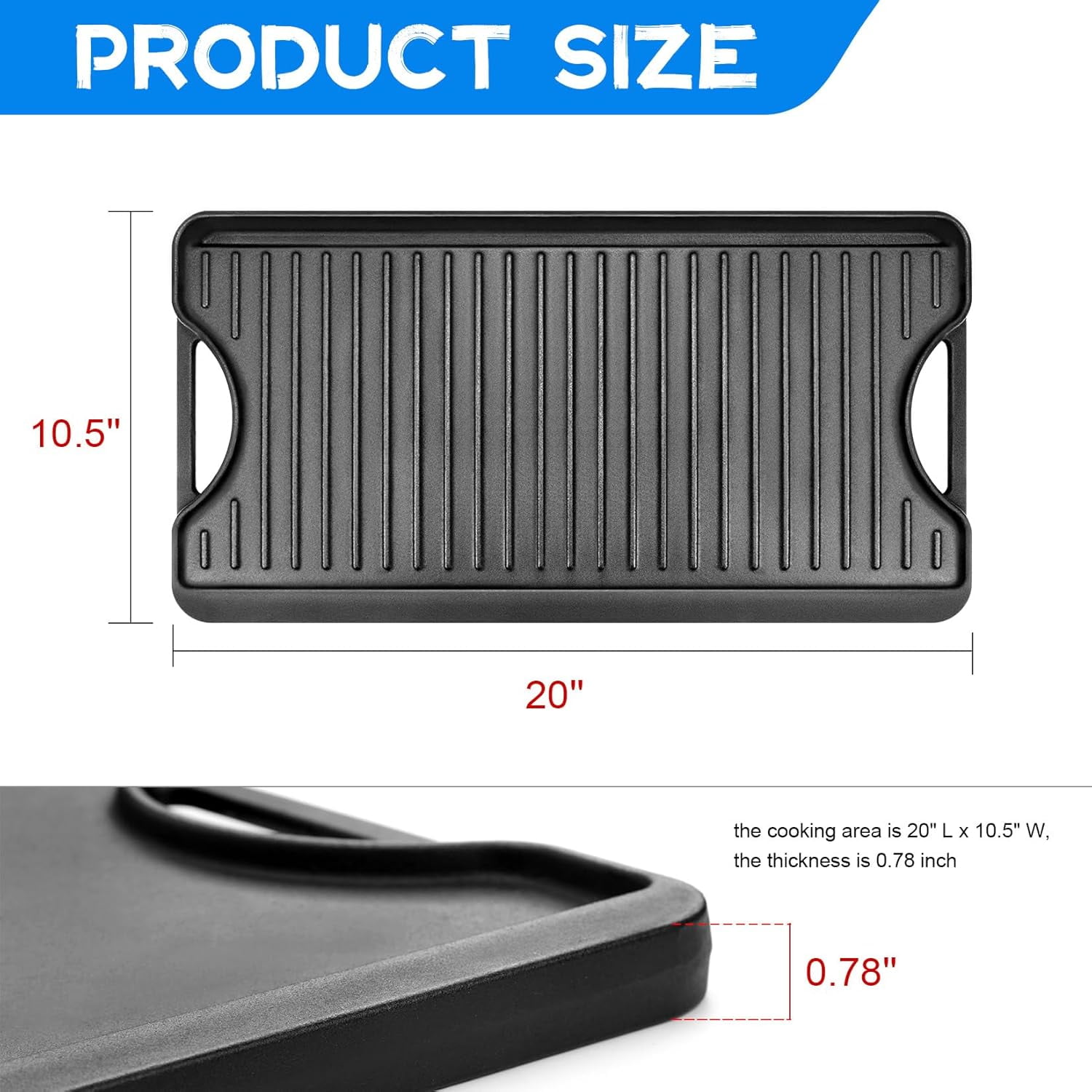 20 x 10.5 Reversible Cast Iron Griddle for Gas Stove, Grill & Camping