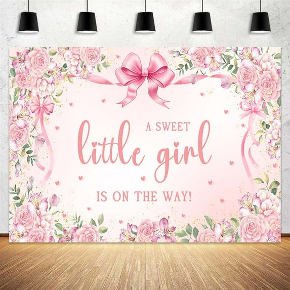 20 x 10 ft Pink Bow Girls Baby Shower Backdrop A Sweet Little Girl is on The Way Pink Floral Baby Shower Decor Photography Background It's A Girl Party Photo Backdrop Studio Decoration Supplies