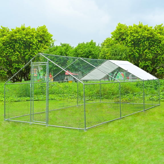 20' x 10' x 6.5' Large Metal Chicken Coop, Walk-in Poultry Cage with Cover, Galvanized Steel Frame, Predator-Proof Wire Mesh for Backyard, Farm, Pet Run