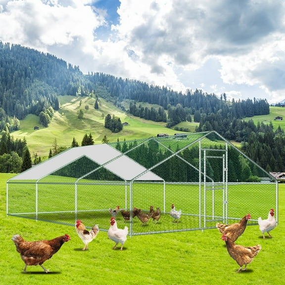 20' x 10' x 6.6' Large Metal Chicken Coop, Walk-in Poultry Cage with Cover, Upgraded Galvanized Steel Frame, Hen House for Backyard Farm