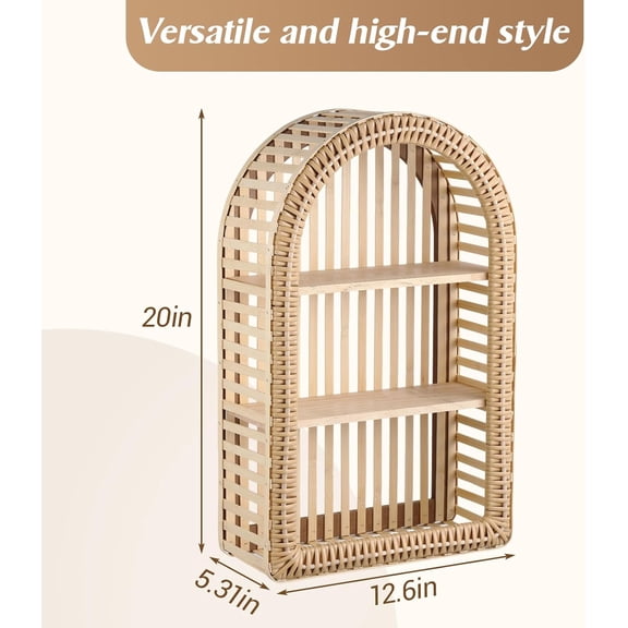 20'' x 12'' 3 Tier Rattan Wall Shelf Boho Arch Hanging Shelves Arched Wall Mounted Wicker Shelf Decorative Farmhouse Handcraft Floating Storage Display Rack for Bathroom Living Room Decor