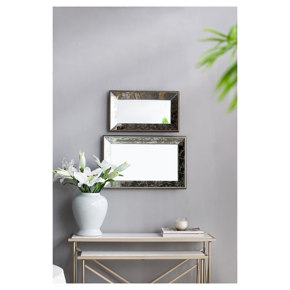 20" x 12" Antique Silver Rectangle Mirror with Floral Accents, Mirrored Display Tray, Hanging Wall Mirror