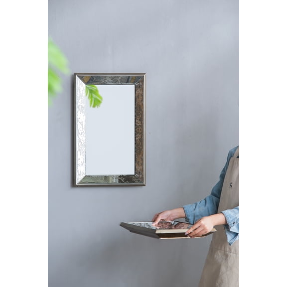 20" x 12" Antique Silver Rectangle Mirror with Floral Accents, Mirrored Display Tray, Hanging Wall Mirror