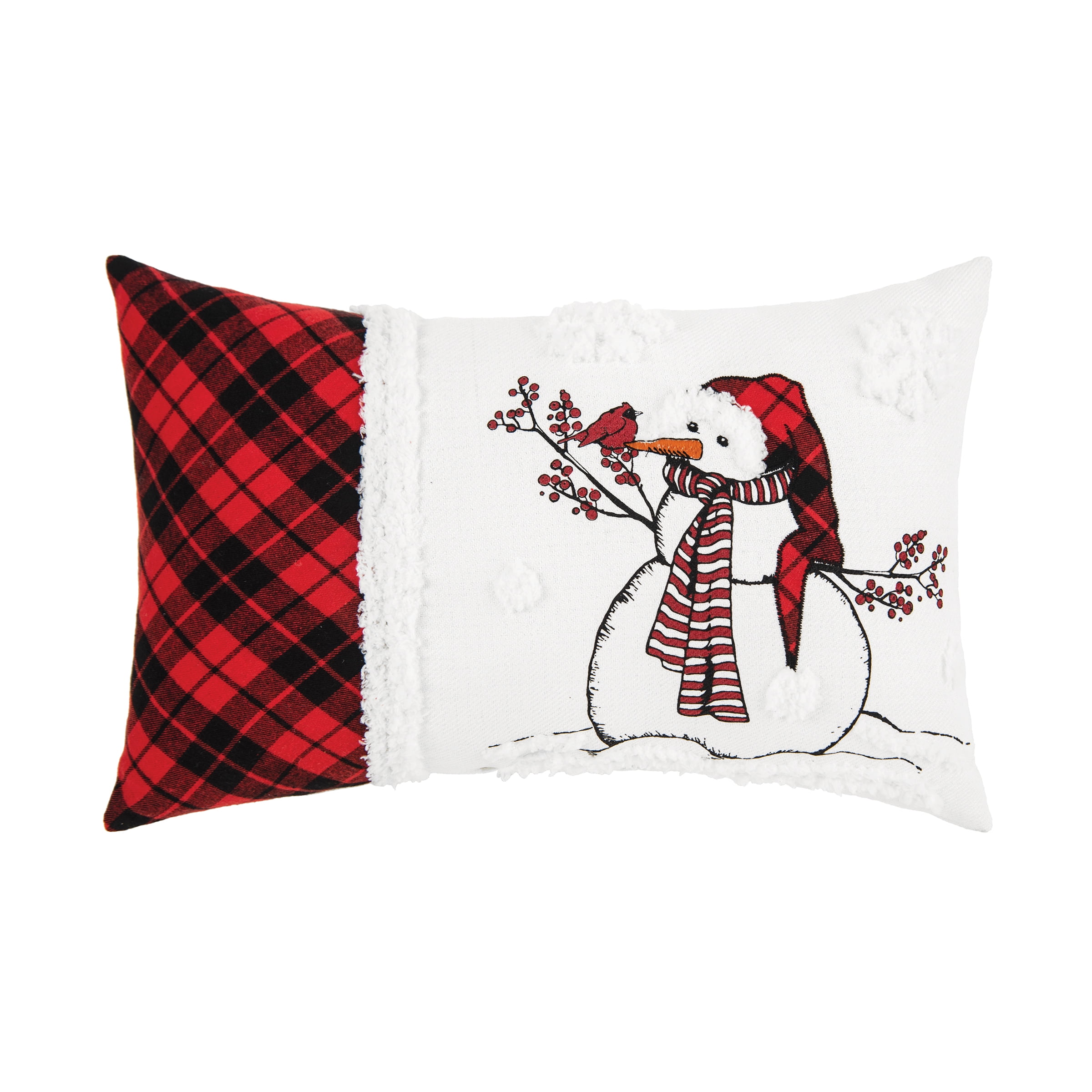 Snowman Embroidered Plaid Christmas Throw Pillow