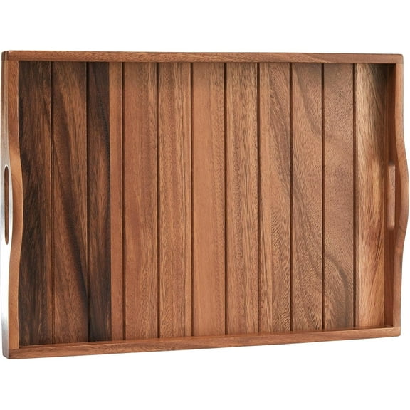20 x 14 Inch Large Acacia Wood Serving Tray with Handles, Dark Brown Rectangular Ottoman Tray, Rustic Decorative Platter for Kitchen, Bar, Bedroom and Living Room Decor
