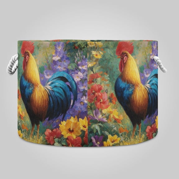 20" x 14" Round Toy Storage Basket Foldable Storage Basket for Home Decor Laundry Basket A Beautiful Rooster