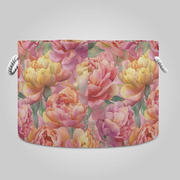 20" x 14" Round Toy Storage Basket Foldable Storage Basket for Home Decor Laundry Basket Blush Rose Gold Flowers