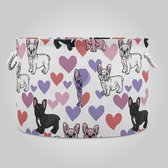 20" x 14" Round Toy Storage Basket Foldable Storage Basket for Home Decor Laundry Basket Cute Frenchie Heart Background