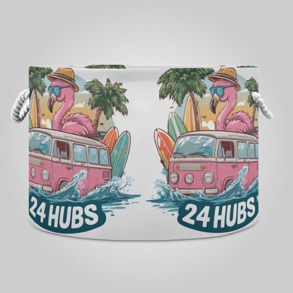 20" x 14" Round Toy Storage Basket Foldable Storage Basket for Home Decor Laundry Basket Pink Flamingo Wearing Sunglasses