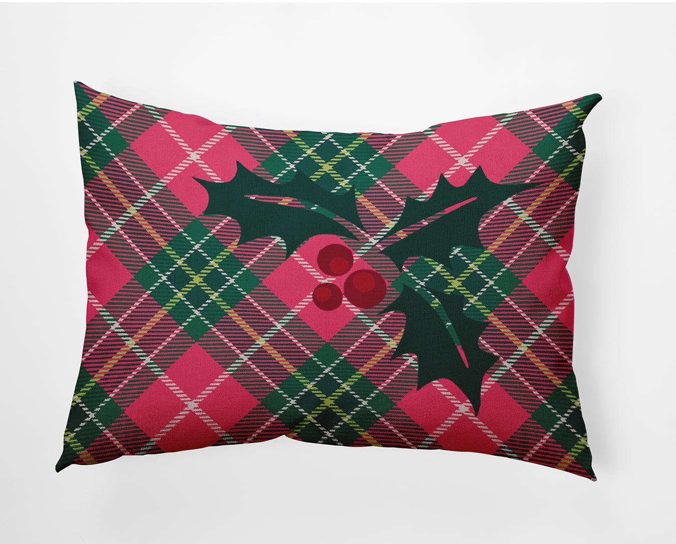 20" x 14" Simply Daisy Holly on Plaid Polyester Indoor/Outdoor Pillow, Christmas Pink Qty 1