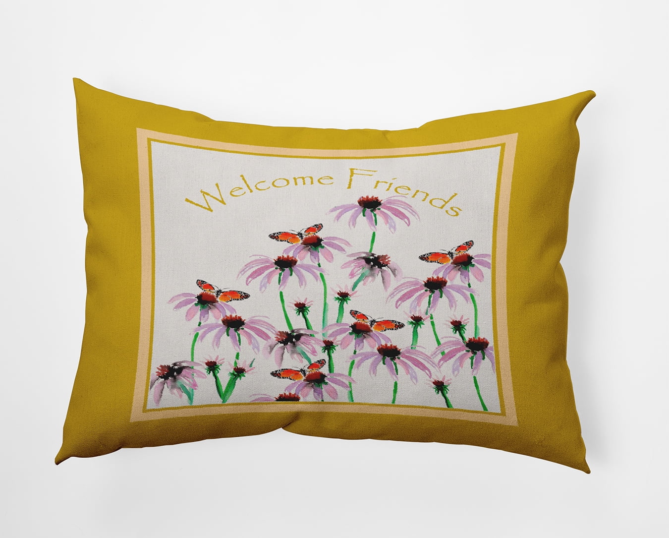 20" x 14" Simply Daisy Welcome Friends Polyester Indoor/Outdoor Pillow, Mustard Qty 1