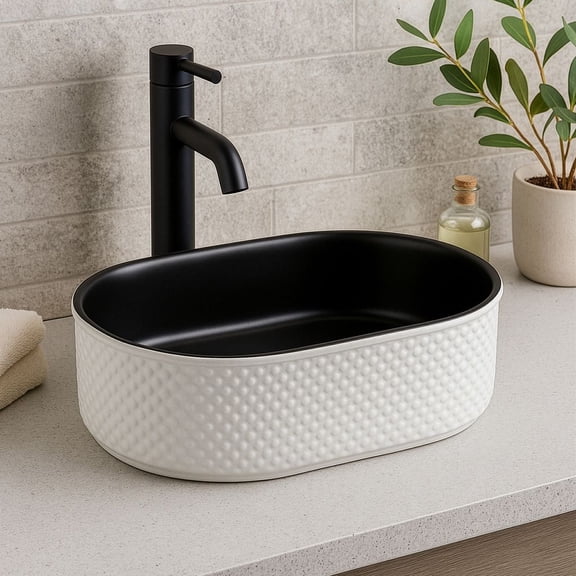 20" x 14" Textured Oval Vessel Sink White Diamond Pattern Exterior with Black Interior | Luxury Ceramic Countertop Basin