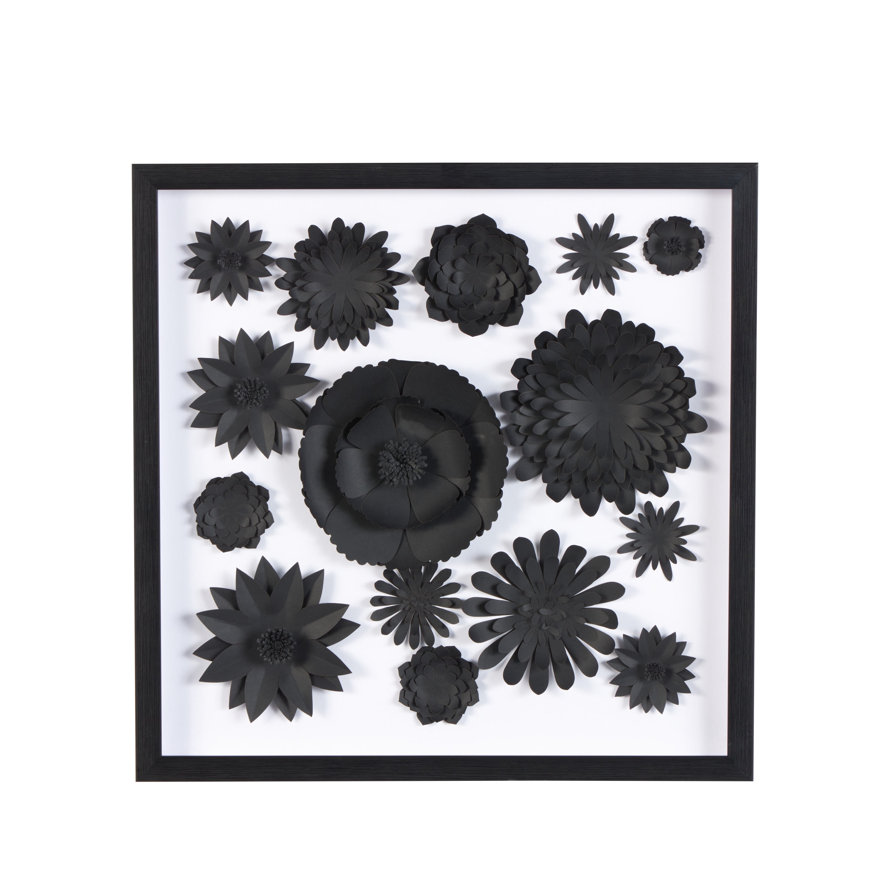20" x 20" Black Floral Cluster Shadow Box with Varying Shapes and Sizes, by DecMode