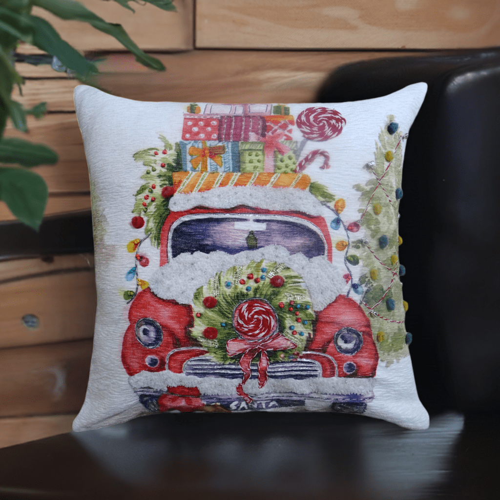 Festive Red and White Embroidered Christmas Throw Pillow, 20" x 20"