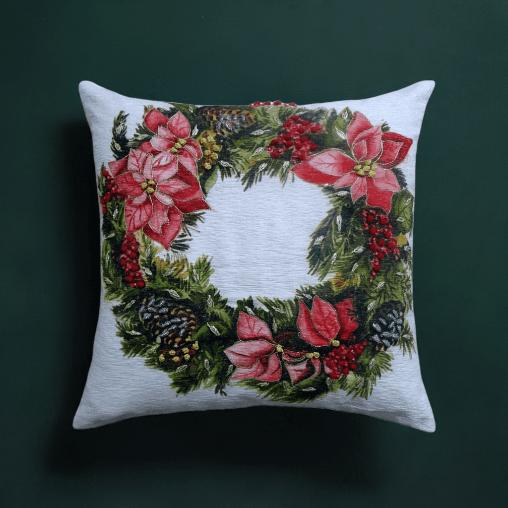 20" x 20" Embroidered Christmas Wreath Throw Pillow