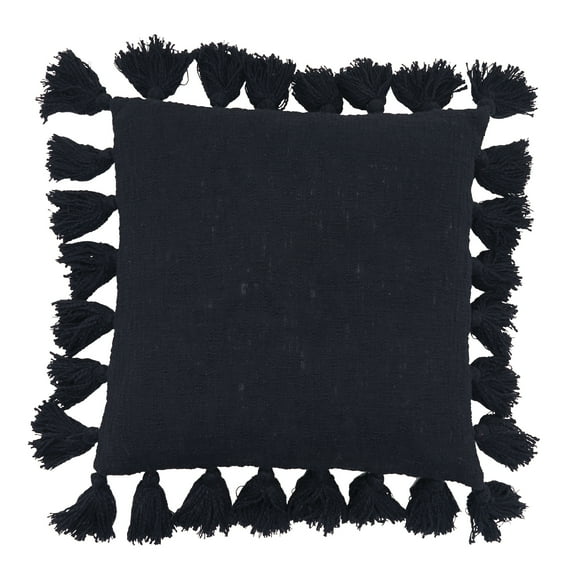 Devin Solid Tasseled Coal Black Cotton Decor Throw Pillow, 20" x 20"