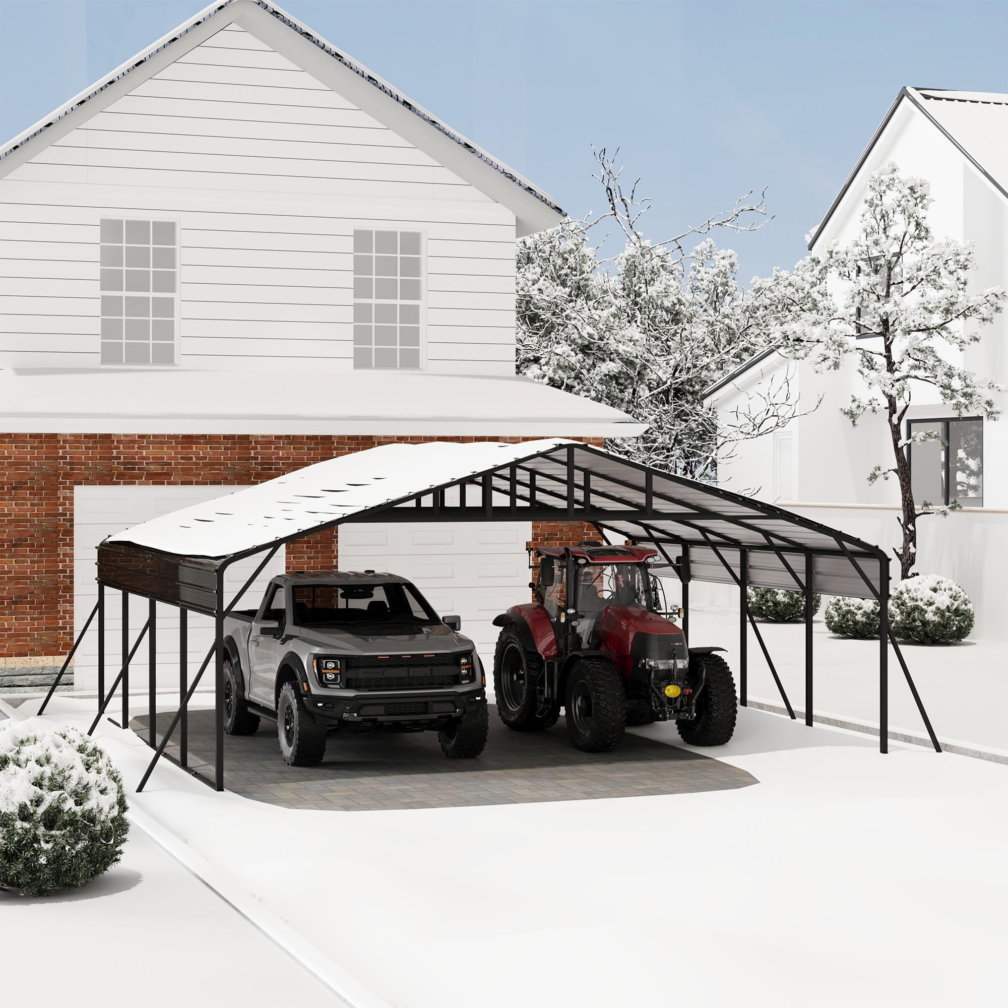 20 x 20 FT Metal Carport with Galvanized Steel Roof, Heavy Duty Metal Roof Carport with Enhanced Base, Tall MetalCarport Kits Garage for Tractors, Trucks, Boats, Cars
