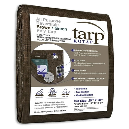 KOTAP 20 x 20 Ft. All-Purpose Protection/Coverage 5-mil Poly Tarp, Reversible, Waterproof, Brown/Green, TBG-2020