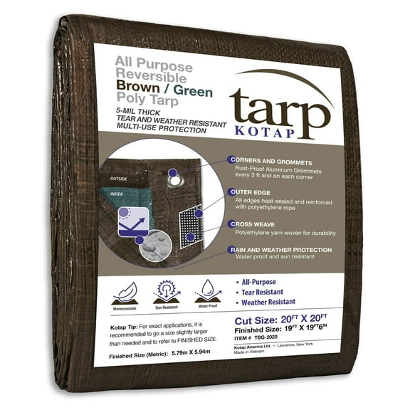 KOTAP 20 x 20 Ft. All-Purpose Protection/Coverage 5-mil Poly Tarp, Reversible, Waterproof, Brown/Green, TBG-2020