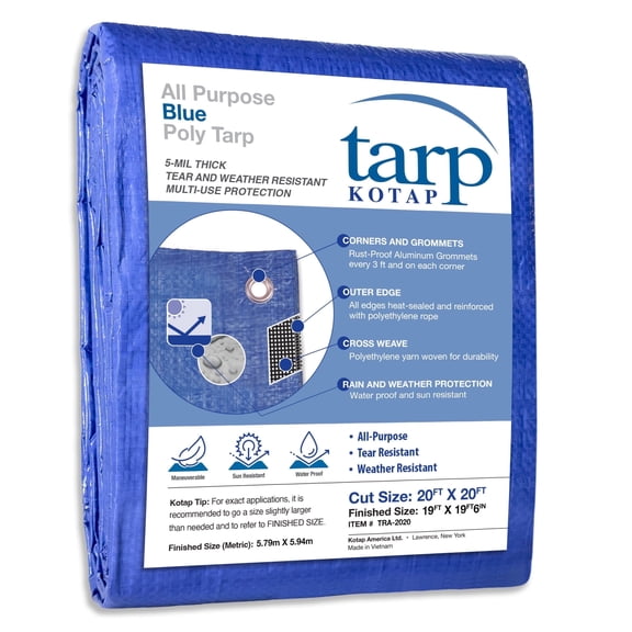 KOTAP 20 x 20 Ft. All-Purpose Protection/Coverage 5-mil Poly Tarp, Waterproof, Blue, Tra-2020