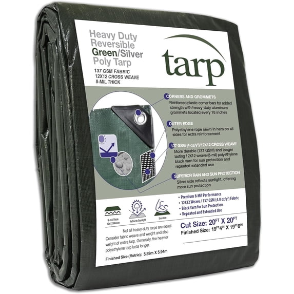 20 x 20 Ft. Heavy-Duty Protection/Coverage Tarp, 8-mil, Reversible, Multi-Use, Waterproof, Green-Silver
