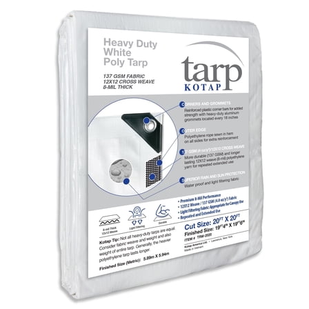 KOTAP 20 x 20 Ft. Heavy-Duty Protection/Coverage Tarp, Superior Weave, 8-mil, Multi-Use, Waterproof, White, TRW-2020