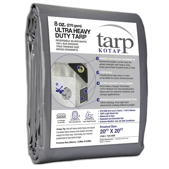 20 x 20 Ft. Ultra Heavy-Duty Protection/Coverage Tarp, Superior Weave, 16-mil, Reversible, Waterproof, Silver-White, TUH-2020