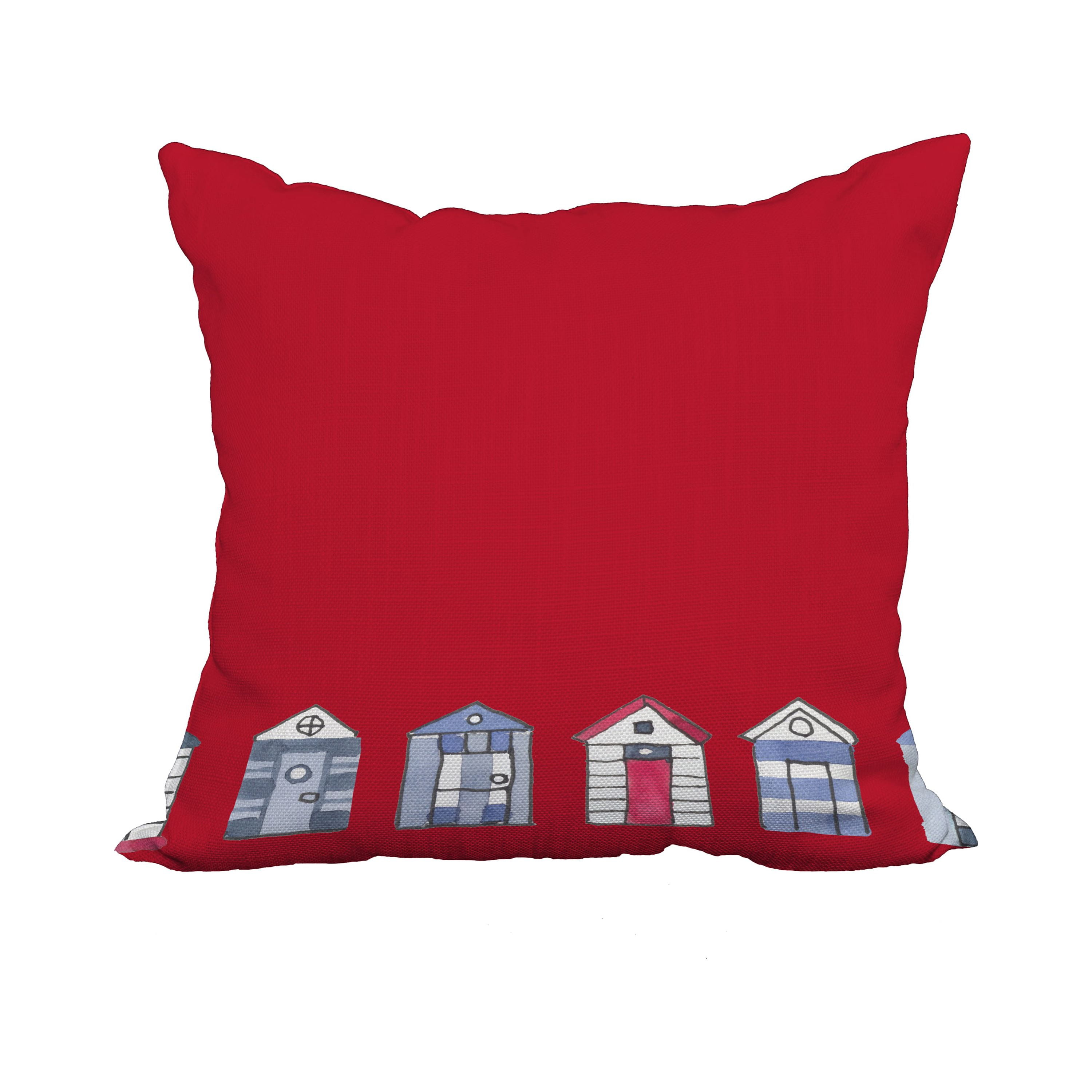 20 x 20 Inch Beach Huts Red Geometric Print Decorative Polyester Throw Pillow with Linen Texture