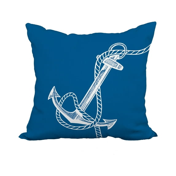 20 x 20 Inch Blue Nautical Print Decorative Polyester Throw Pillow with a Linen Texture