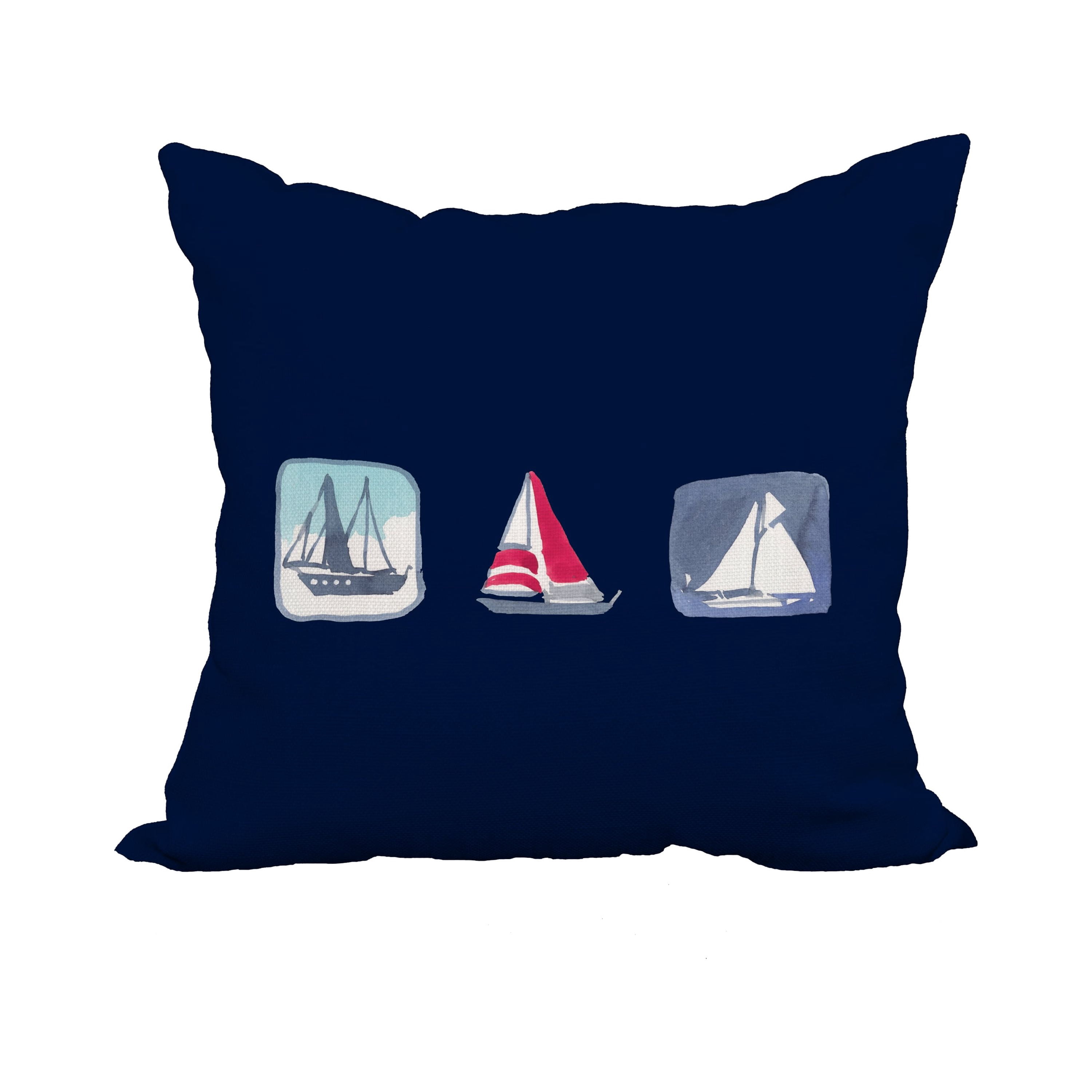 20 x 20 Inch Boat Trio Navy Geometric Print Decorative Polyester Throw Pillow with Linen Texture