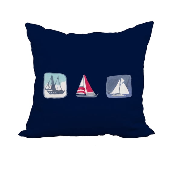 20 x 20 Inch Boat Trio Navy Geometric Print Decorative Polyester Throw Pillow with Linen Texture