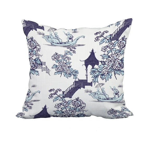 20 x 20 Inch China Old Navy Blue Floral Print Decorative Polyester Throw Pillow with Linen Texture